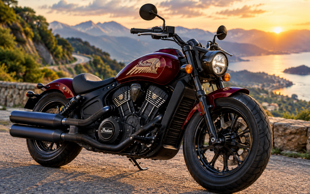 Motocicleta Indian roja estacionada en una carretera de montaña al atardecer, con montañas y un lago al fondo.