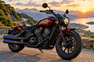 Motocicleta Indian roja estacionada en una carretera de montaña al atardecer, con montañas y un lago al fondo.